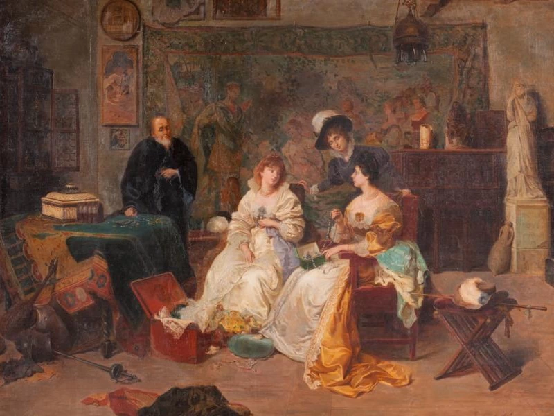 1878-Italo Josz - Tre signore scelgono gioielli in un negozio di antiquariato. 1908